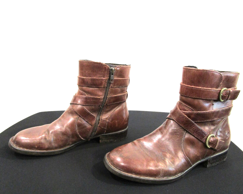 Born Brown Leather Buckle Strap Side Zip Ankle Boots Women Sz 9